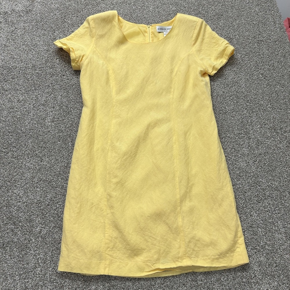 Adolfo Studio Dress Womens 14 Yellow Linen Blend Short Sleeve Sheath Knee Length
